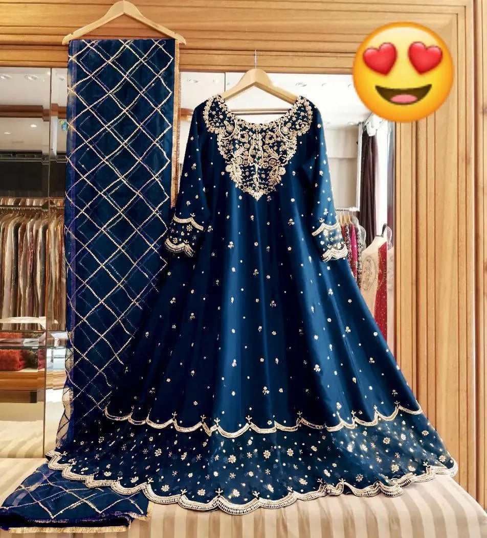 3 Pcs Women's Stitched Shamoz Silk Embroidered Maxi And Trouser